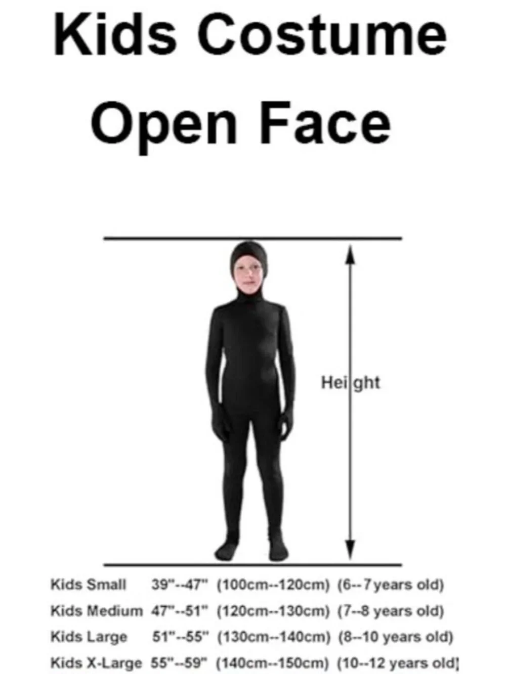 Full Bodysuit Kids Costume Open Face Spandex Stretch Zentai Child Suit Size L